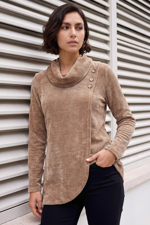Roman Camel Chenille Cowl Neck Tunic Top - 12 Image 1