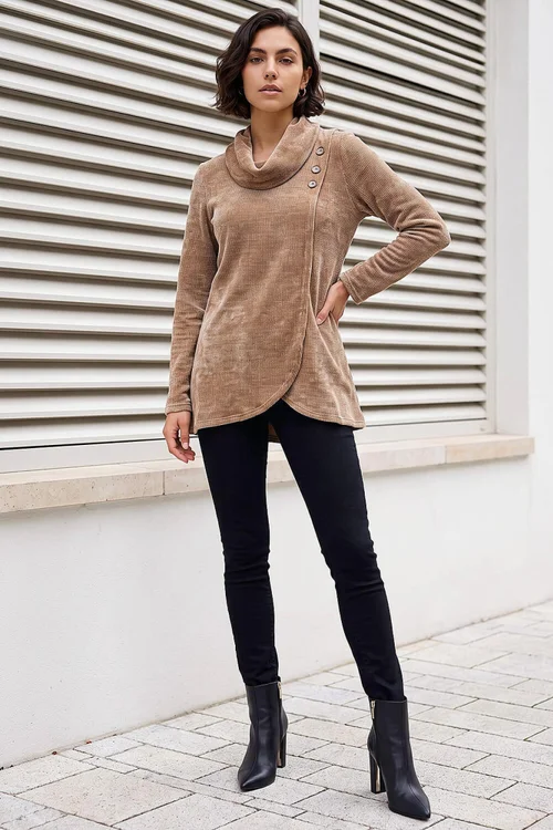 Roman Camel Chenille Cowl Neck Tunic Top - 12 Image 2