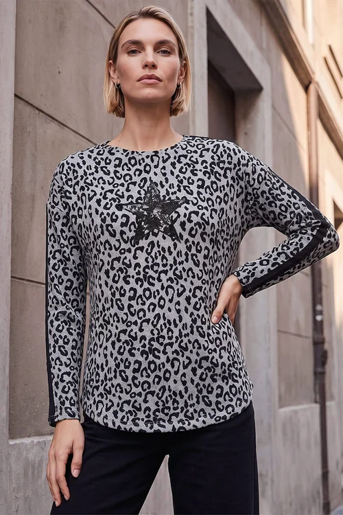 Roman Black Sequin Star Animal Print Top - 16 Image 1