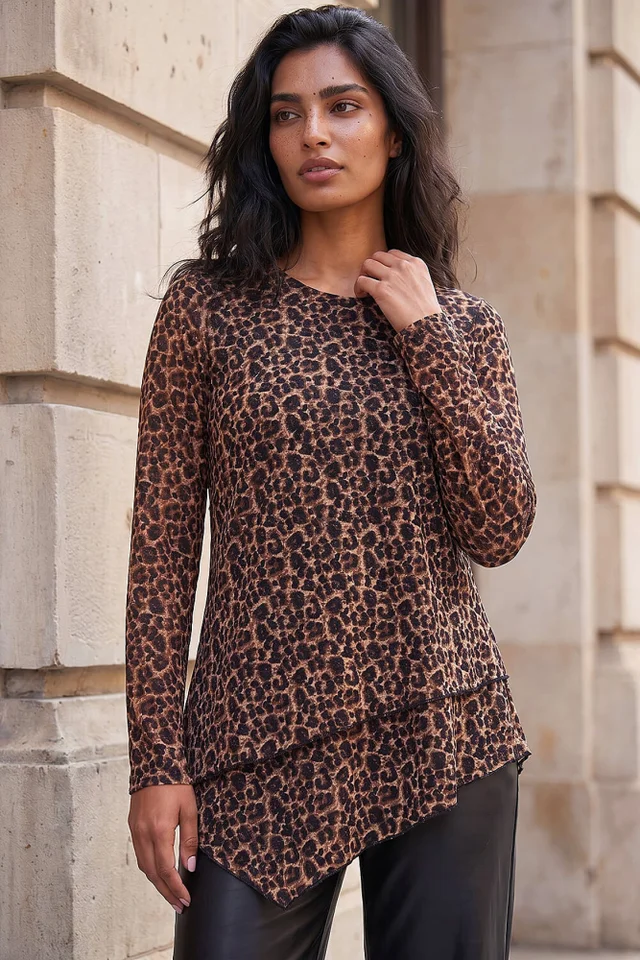 Roman Tan Lace Animal Print Layered Hem Top
