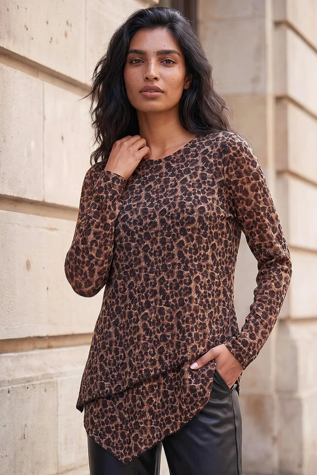 Roman Tan Lace Animal Print Layered Hem Top