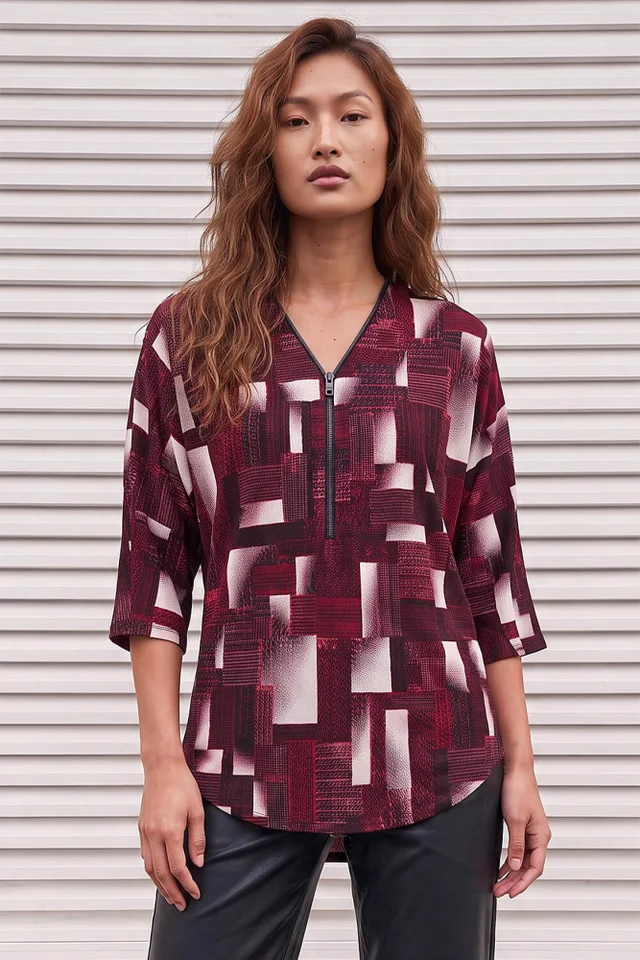 Roman Red Geometric Puff Print Zip Top