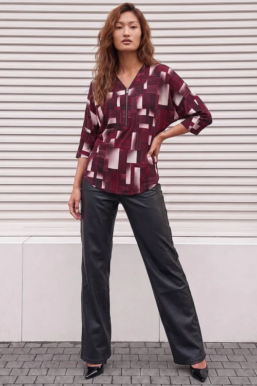Roman Red Geometric Puff Print Zip Top - 10 Image 2