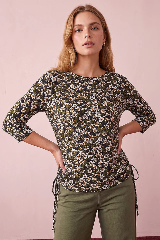 Roman Olive Floral Tie Detail Top