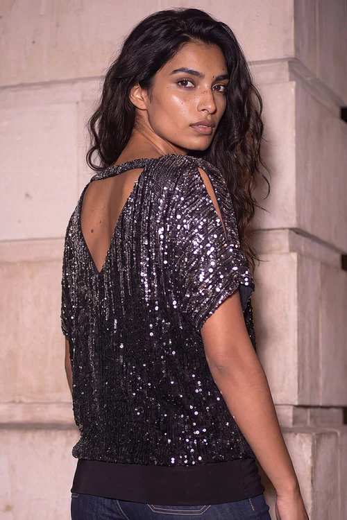Roman Silver Ombre Mesh Sequin Bow Back Top - 10 Image 4