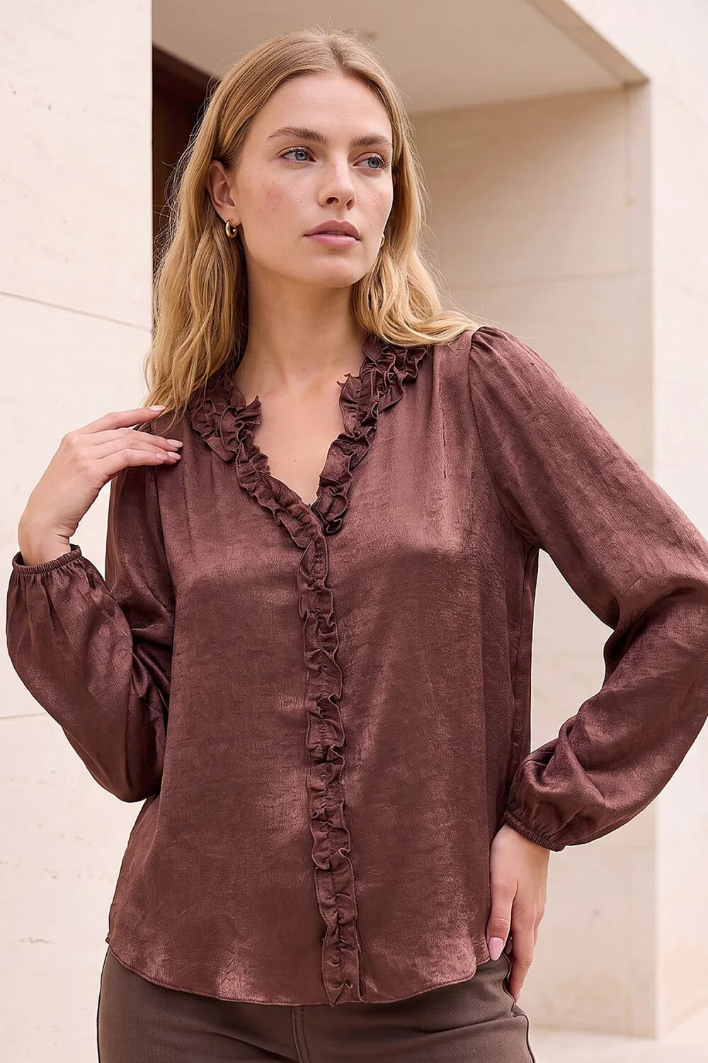 Roman Chocolate Crinkle Satin Frill V-Neck Top - 12 Image 1