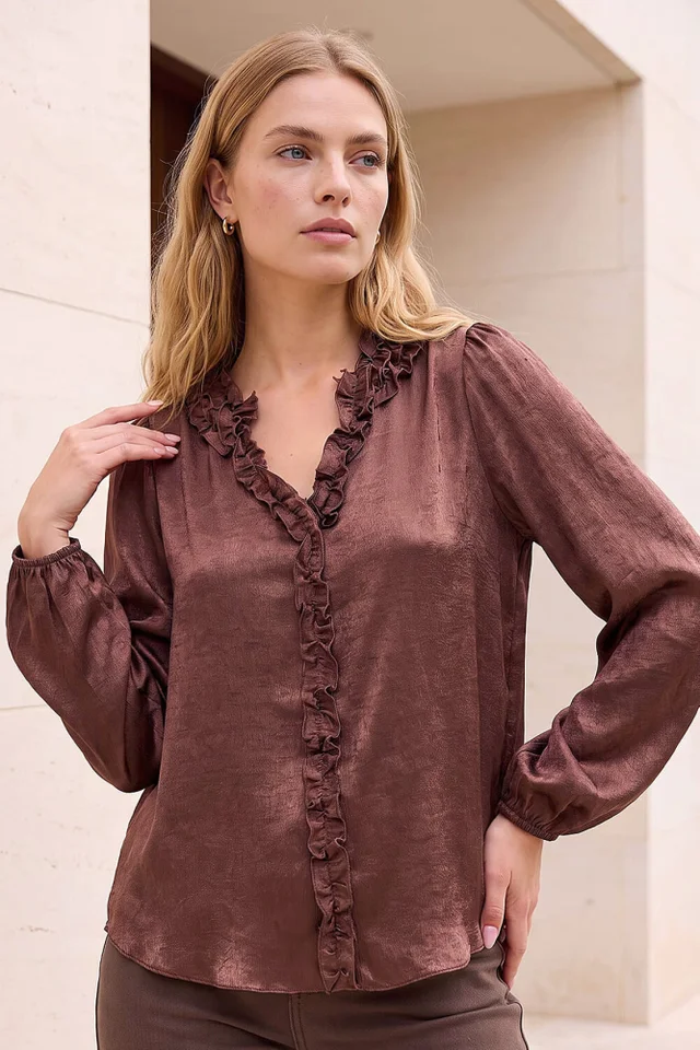 Roman Chocolate Crinkle Satin Frill V-Neck Top