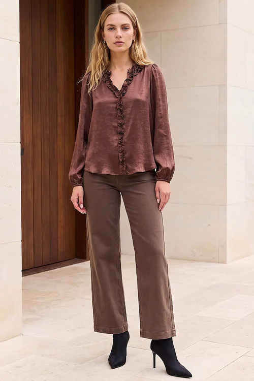 Roman Chocolate Crinkle Satin Frill V-Neck Top - 12 Image 2