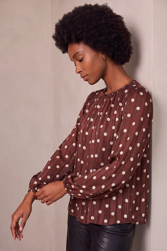 Roman Chocolate Polka Dot Satin Pleated Top