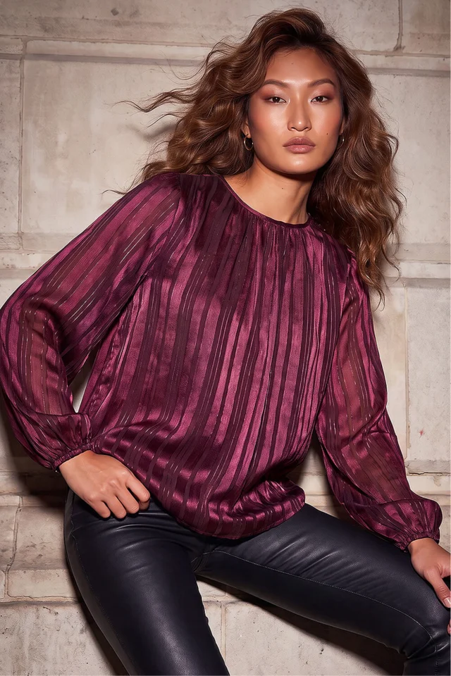 Roman Wine Satin Stripe Pleated Top