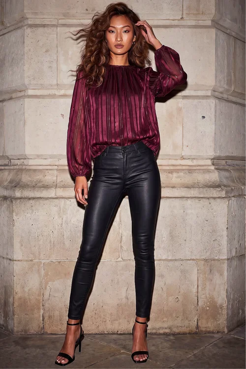 Roman Wine Satin Stripe Pleated Top - 16 Image 3