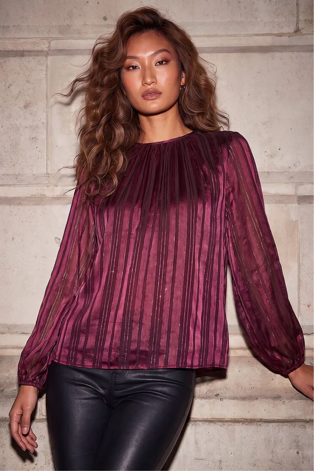 Roman Wine Satin Stripe Pleated Top