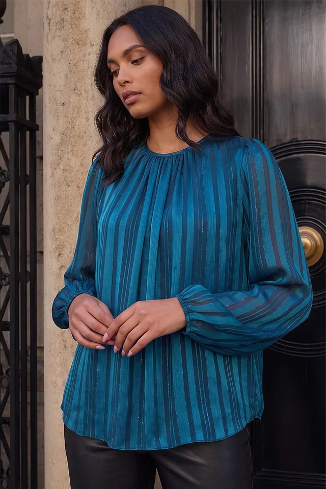 Roman Teal Satin Stripe Pleated Top
