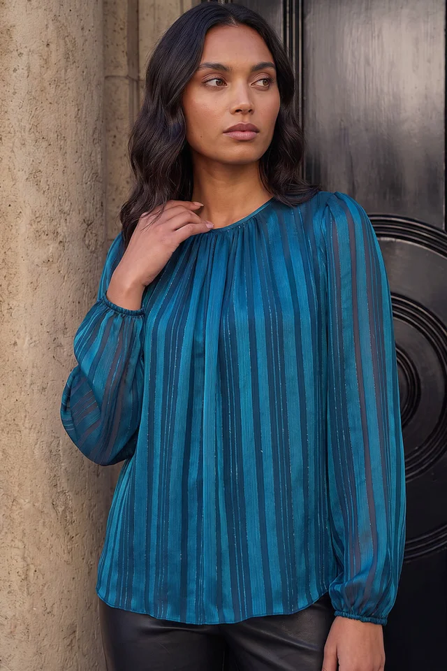 Roman Teal Satin Stripe Pleated Top