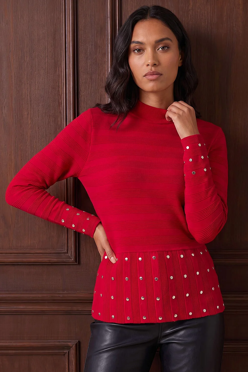 Roman Red Studded Peplum Knit Top - 18 Image 1