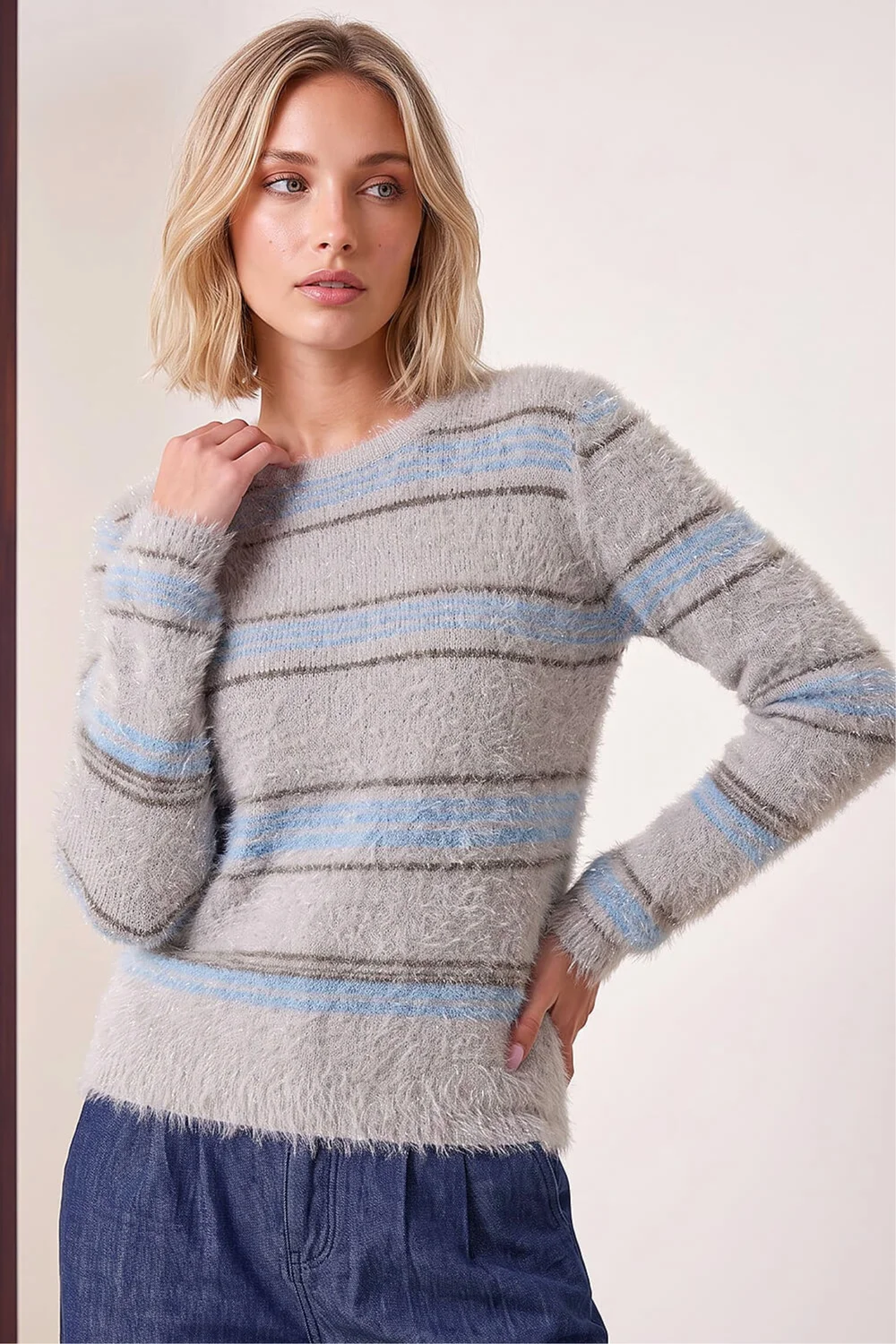 Dusk Grey Fluffy Stripe Knit Jumper - 18 Image 2
