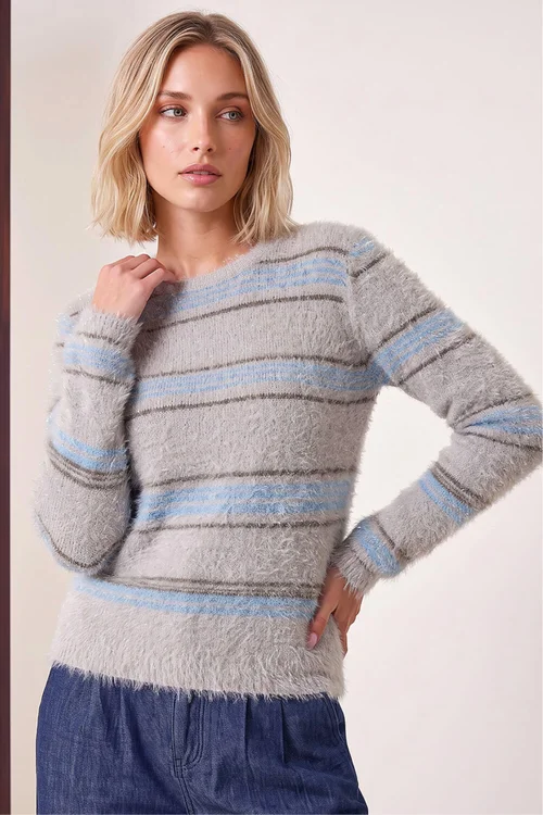Dusk Grey Fluffy Stripe Knit Jumper - 18 Image 2