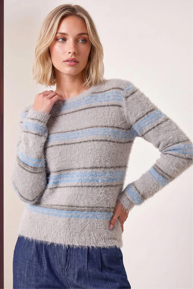 Dusk Grey Fluffy Stripe Knit Jumper