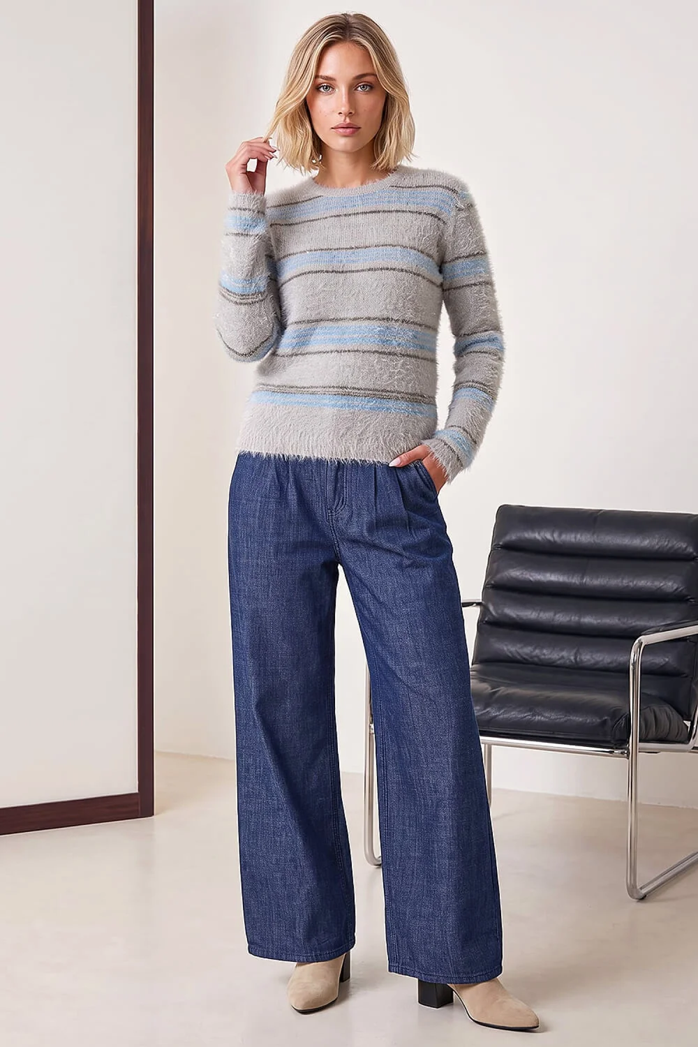 Dusk Grey Fluffy Stripe Knit Jumper - 18 Image 3