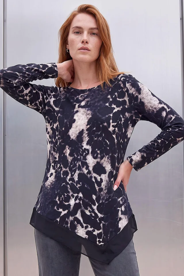Roman Black Animal Print Chiffon Hem Top