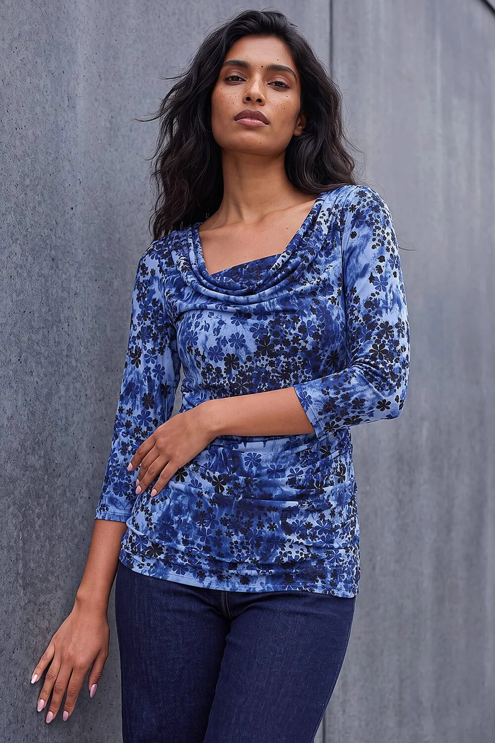 Roman Blue Shadow Floral Cowl Neck Top - 20 Image 1