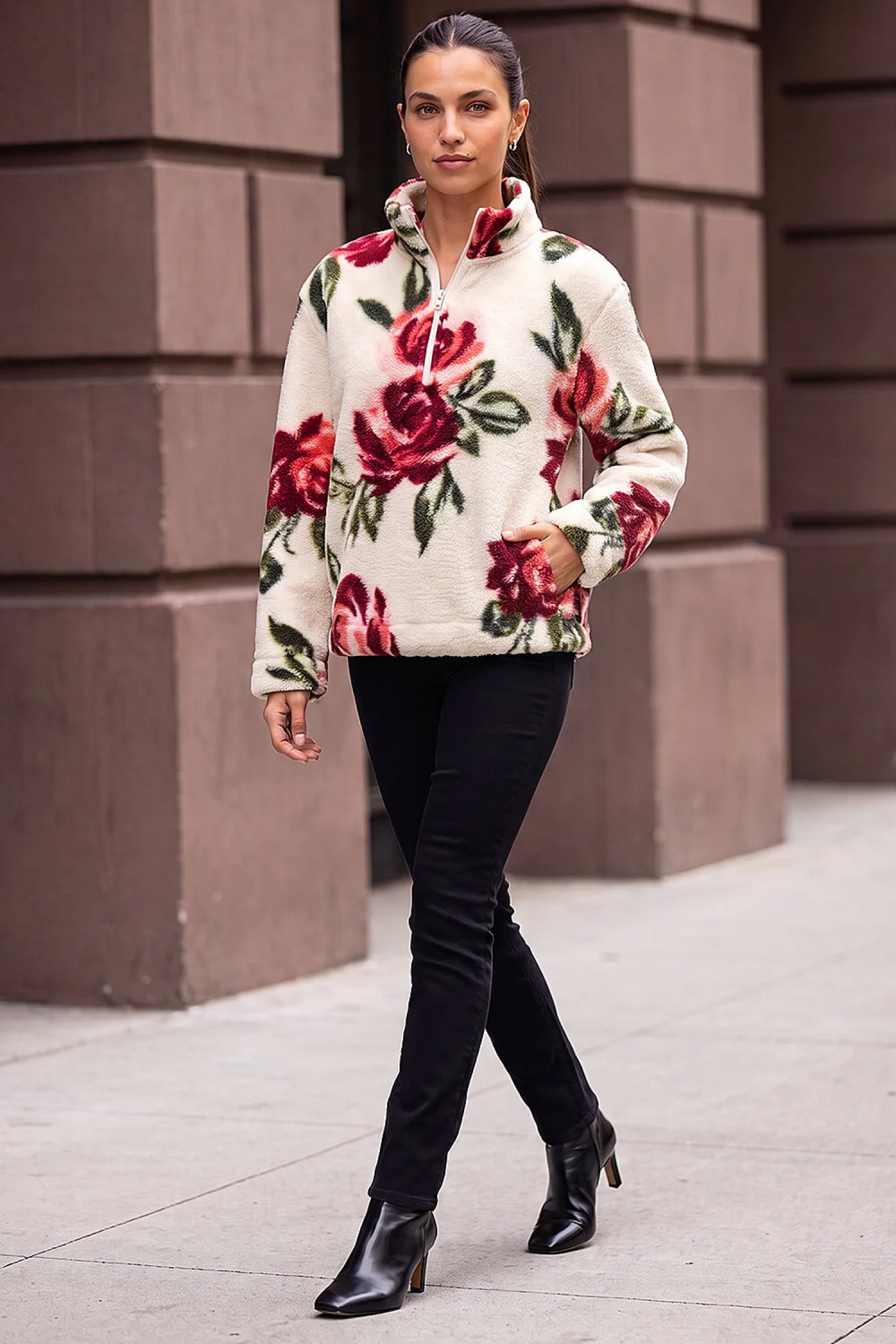 Roman Ivory Rose Print Zip Fleece Jacket - 18 Image 2
