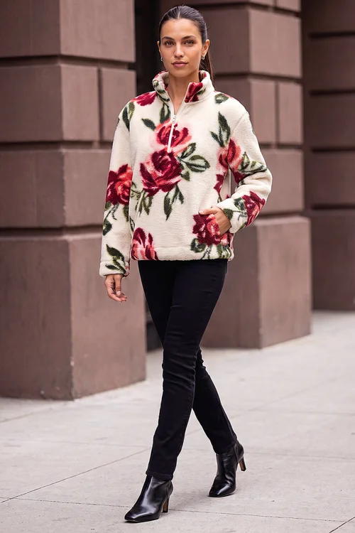 Roman Ivory Rose Print Zip Fleece Jacket - 18 Image 2