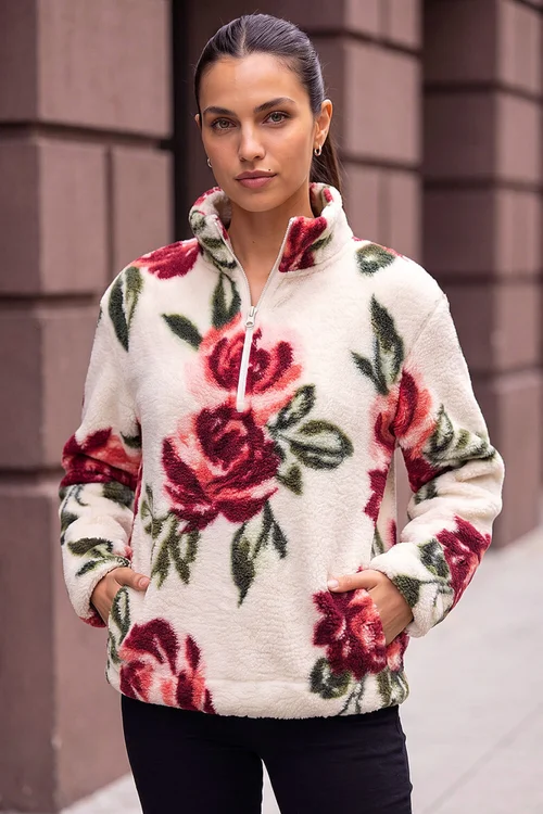 Roman Ivory Rose Print Zip Fleece Jacket - 18 Image 1