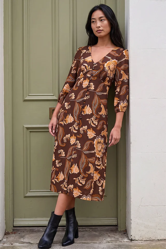 Roman Chocolate Petite Button Midi Dress