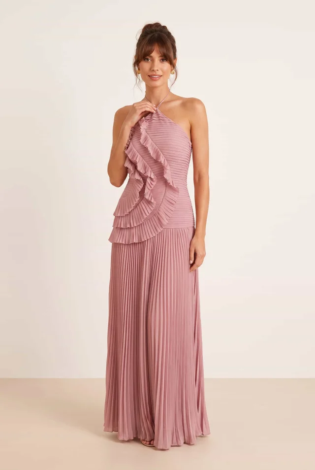 Pleated Halter Tie Maxi Dress Dusky Pink