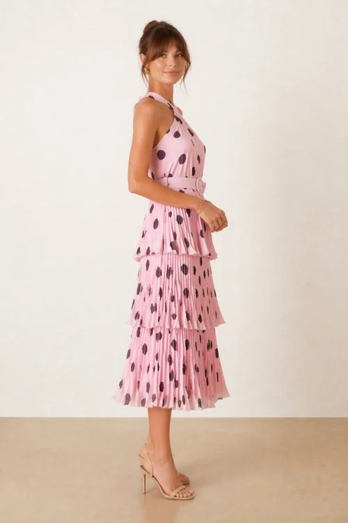 Paige Halter Tiered Pleated Belted Dress, Pink Polka Dot - 16 Image 2