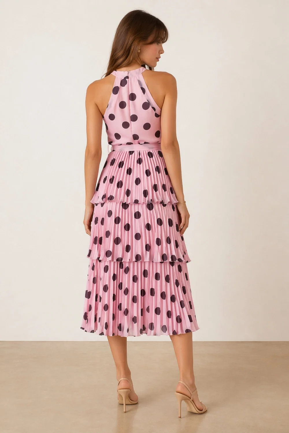 Paige Halter Tiered Pleated Belted Dress, Pink Polka Dot - 16 Image 3