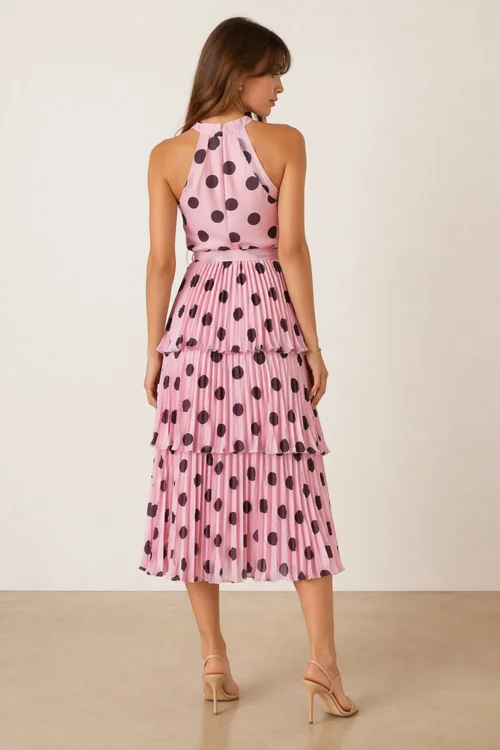 Paige Halter Tiered Pleated Belted Dress, Pink Polka Dot - 16 Image 3