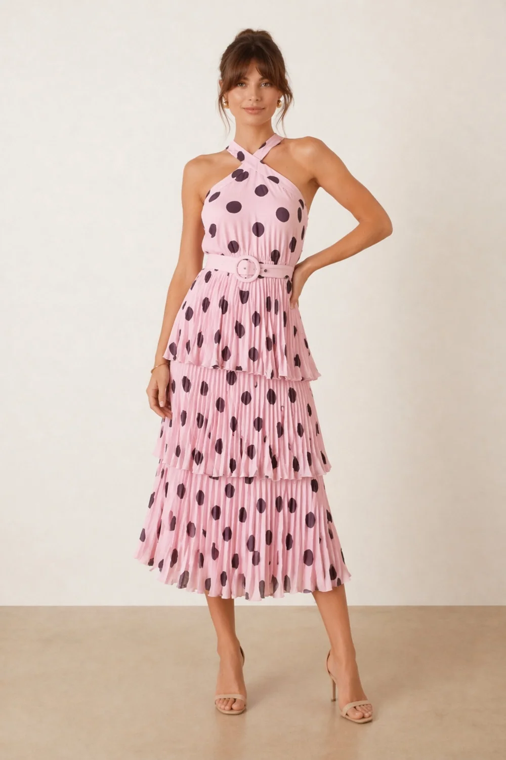 Paige Halter Tiered Pleated Belted Dress, Pink Polka Dot - 16 Image 1