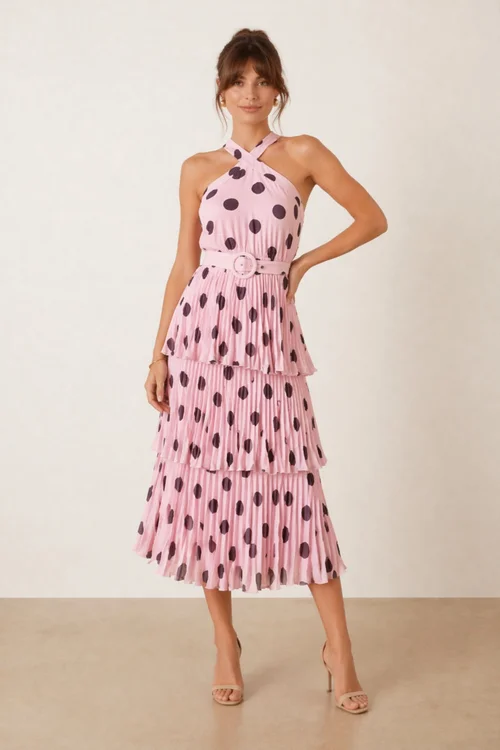 Paige Halter Tiered Pleated Belted Dress, Pink Polka Dot - 16 Image 1
