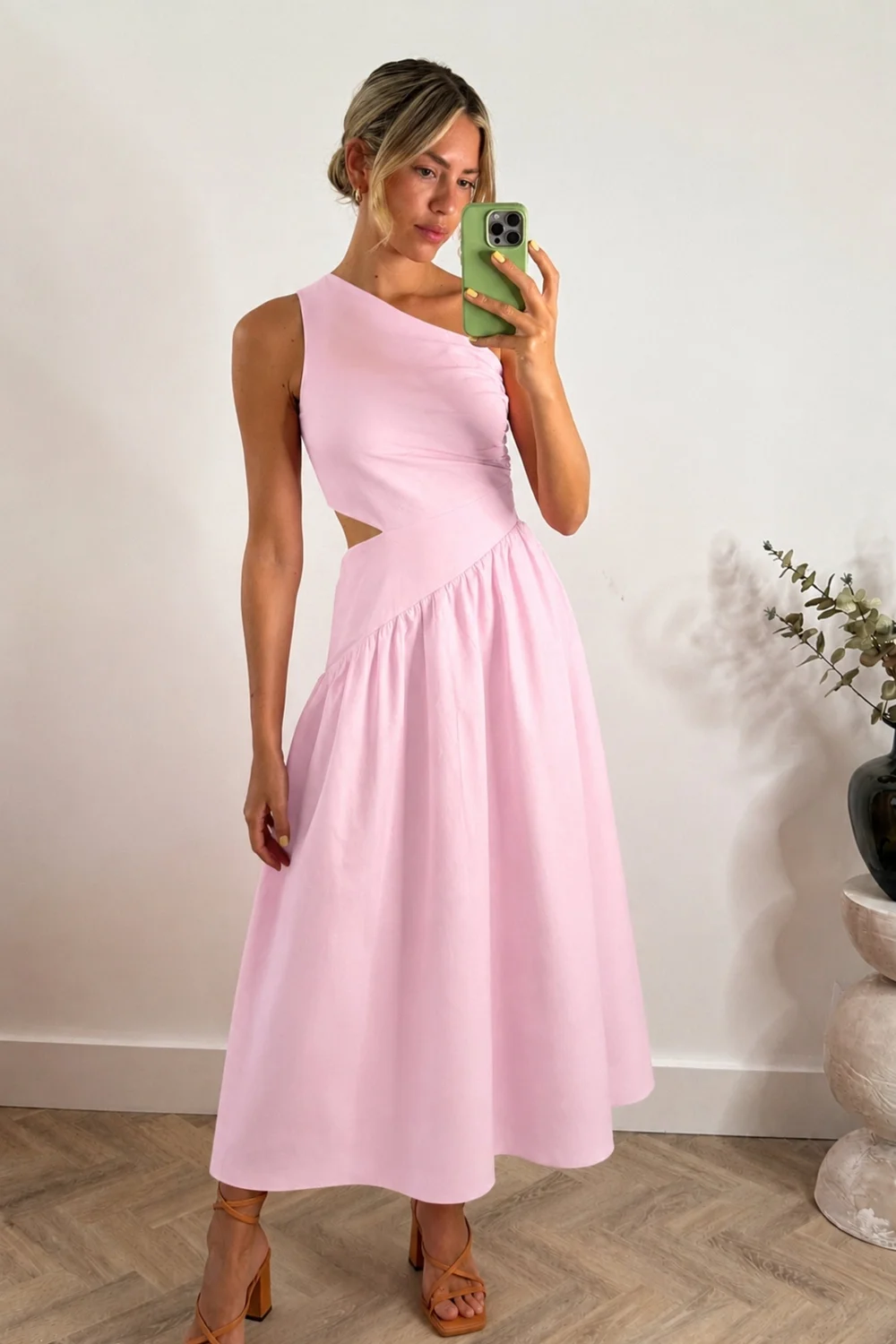 Jasmine Cut-Out One-Shoulder Midi Dress in Pink - 14 Image 1
