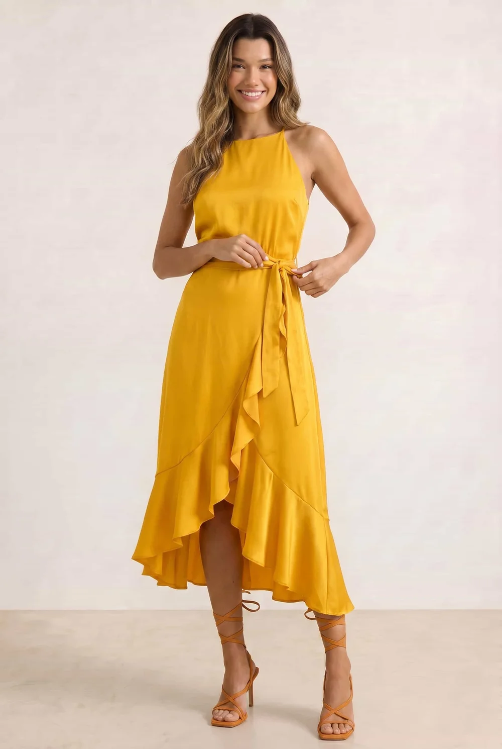 Style Cheat Ariana Halter Frill Midi Dress - Golden Yellow - 16 Image 1