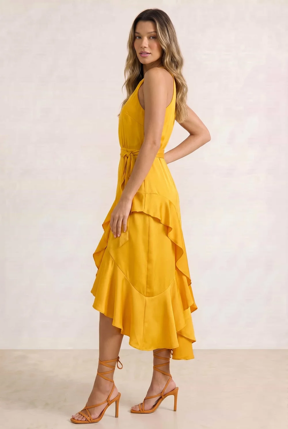 Style Cheat Ariana Halter Frill Midi Dress - Golden Yellow - 16 Image 3