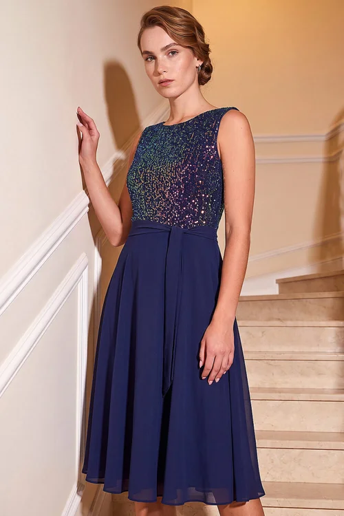 Roman Blue Sequin Bodice Belted Chiffon Dress - 16 Image 2