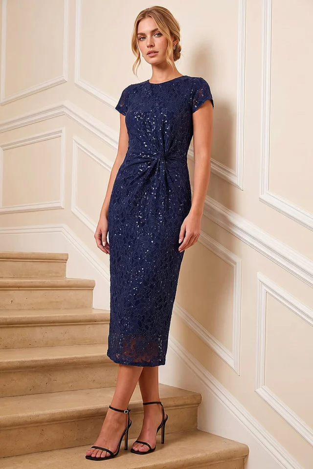 Roman Midnight Blue Sparkle Lace Twist Stretch Dress