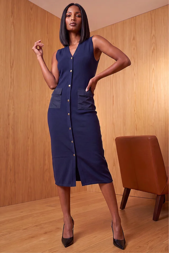 Dusk Navy Pocket Detail Midi Dress