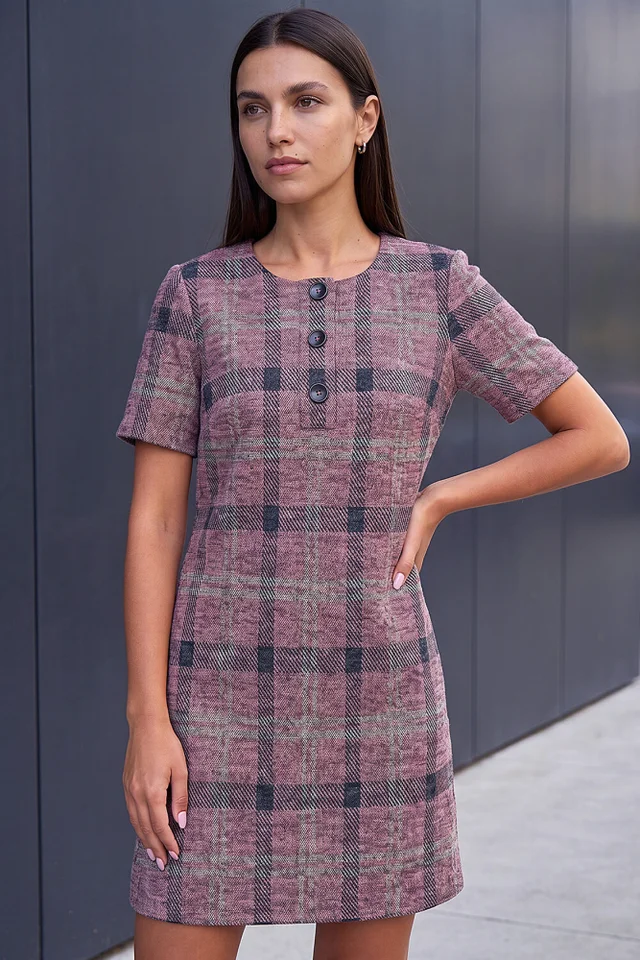 Roman Rose Check Button Shift Dress