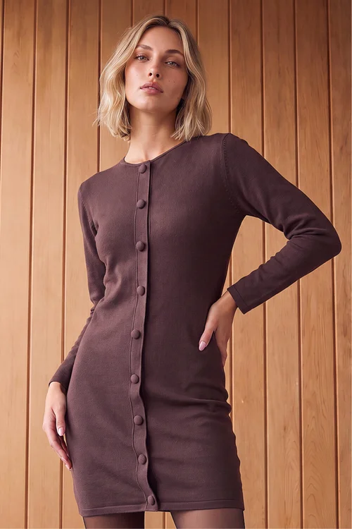 Dusk Chocolate Button Front Knit Dress - 16 Image 2