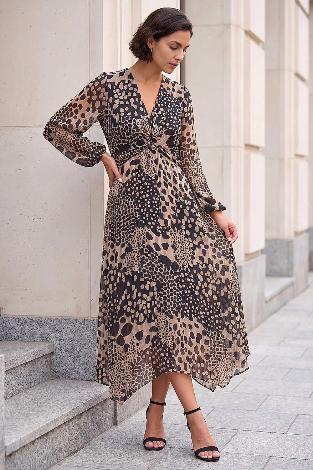 Roman Beige Animal Print Twist Front Dress - 12 Image 1