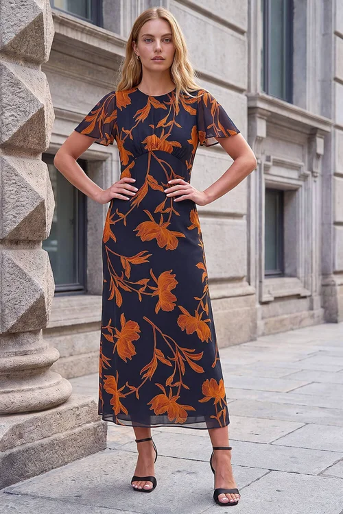 Roman Black Floral Flutter Sleeve Dress - 20 Image 2
