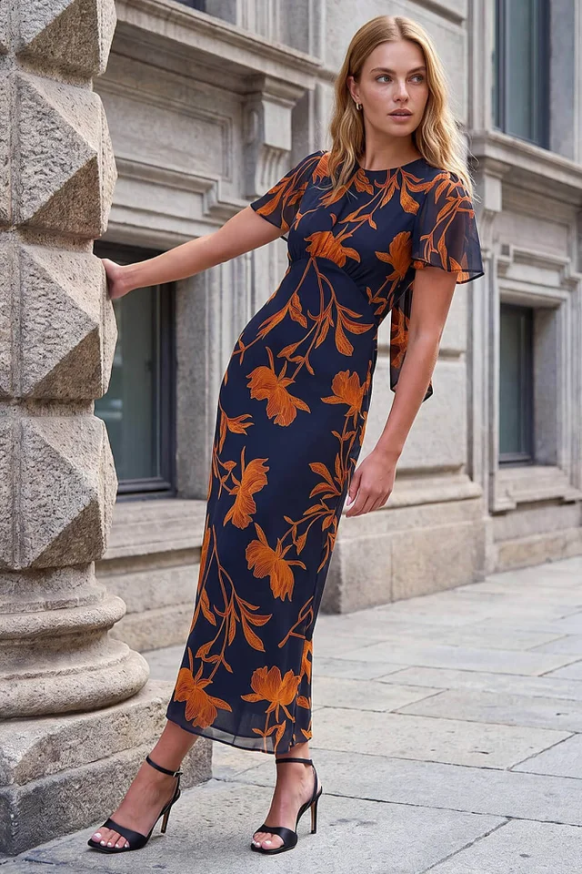 Roman Black Floral Flutter Sleeve Dress