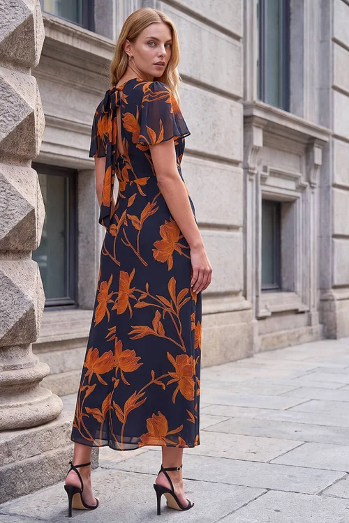 Roman Black Floral Flutter Sleeve Dress - 20 Image 3