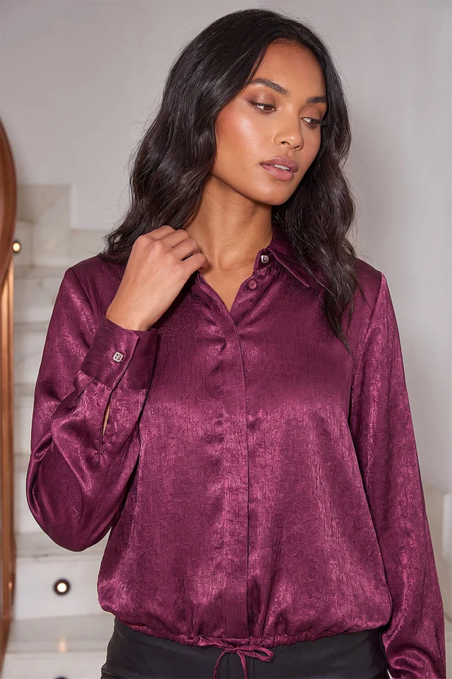 Roman Wine Crinkle Satin Tie Hem Shirt