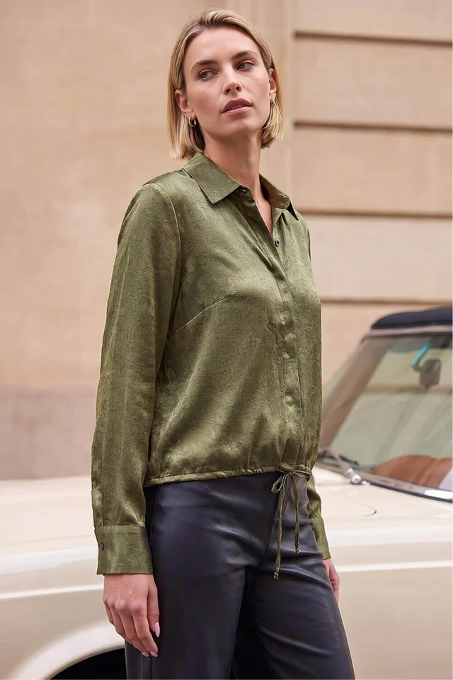 Roman Khaki Crinkle Satin Tie Hem Shirt