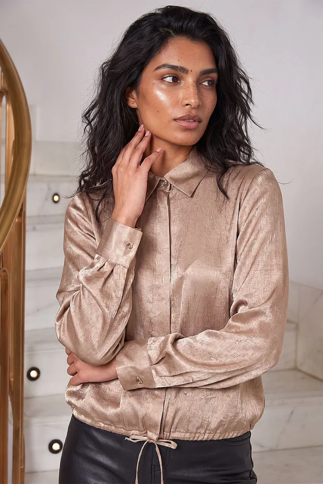 Roman Gold Crinkle Satin Tie Hem Shirt